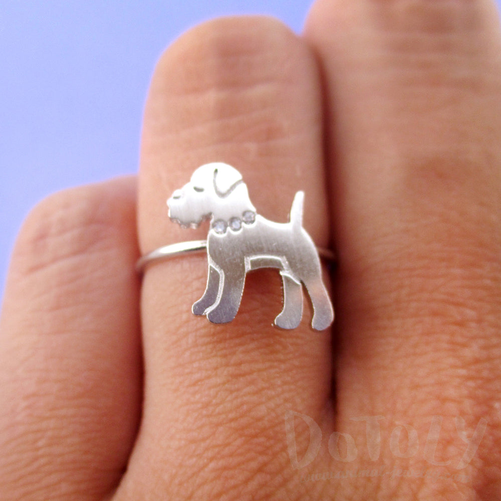 Miniature Schnauzer Dog with Rhinestone Collar Shaped Adjustable Ring in Silver