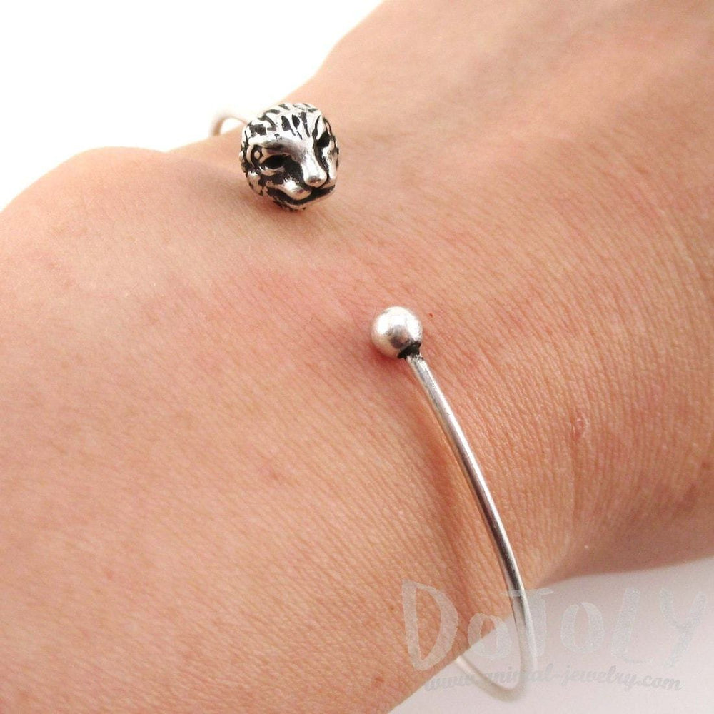 Minimal Bangle Bracelet Cuff with Lion Head Detail in Silver | Animal Jewelry | DOTOLY