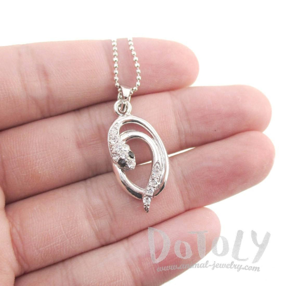Minimal Coiled Snake Charm Necklace in Silver with Rhinestones