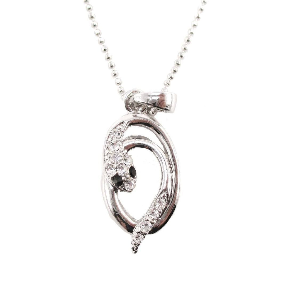 Minimal Coiled Snake Charm Necklace in Silver with Rhinestones