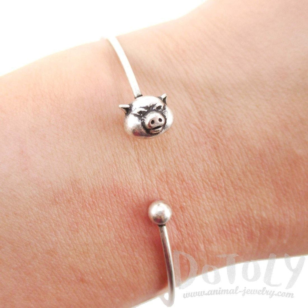 Minimal Piglet Pig Charm Bangle Bracelet Cuff in Silver | Animal Jewelry | DOTOLY