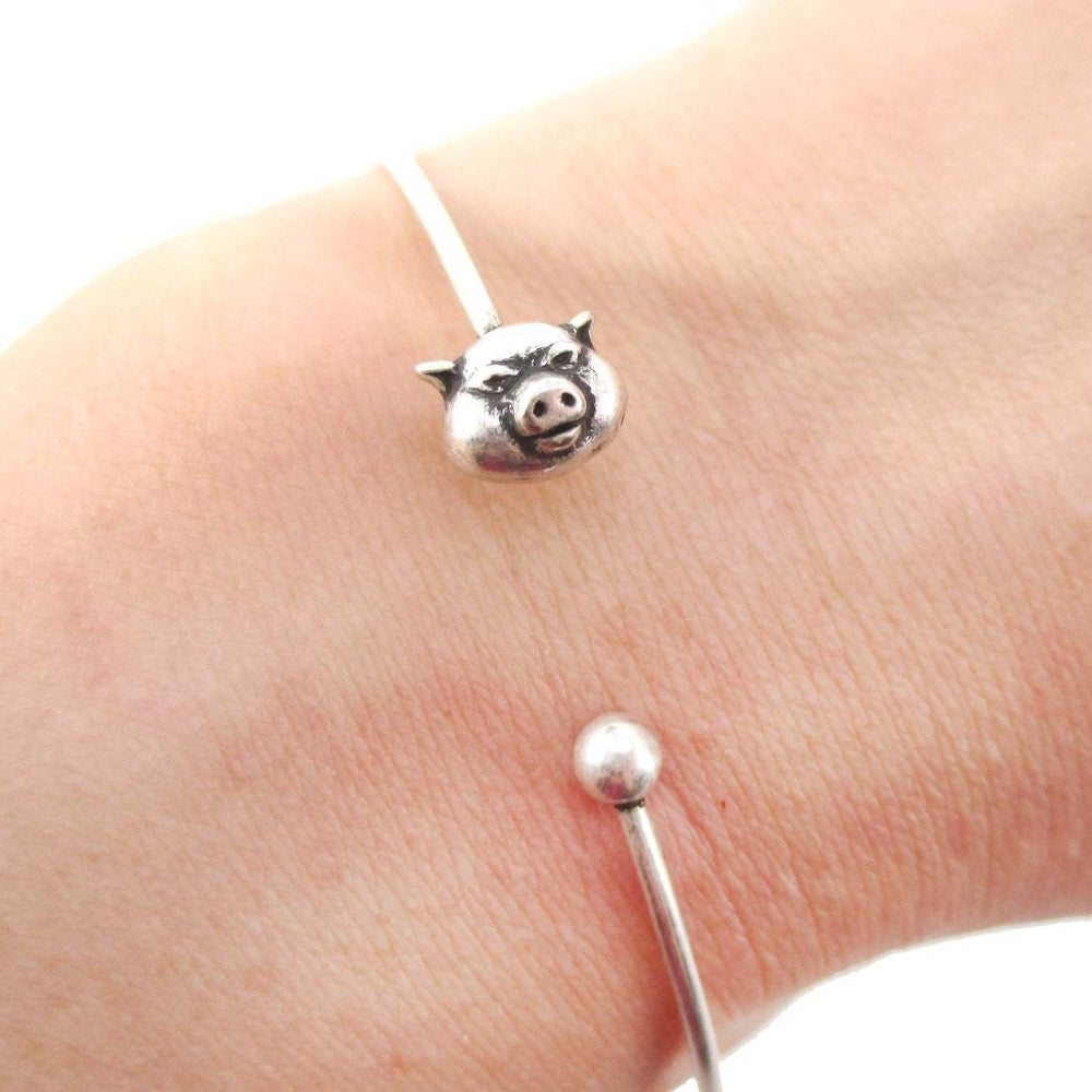 Minimal Piglet Pig Charm Bangle Bracelet Cuff in Silver | Animal Jewelry | DOTOLY