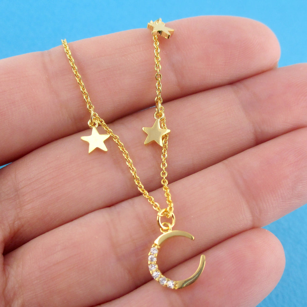 Minimal Rhinestone Crescent Moon & Tiny Dangling Stars Shaped Necklace in Gold