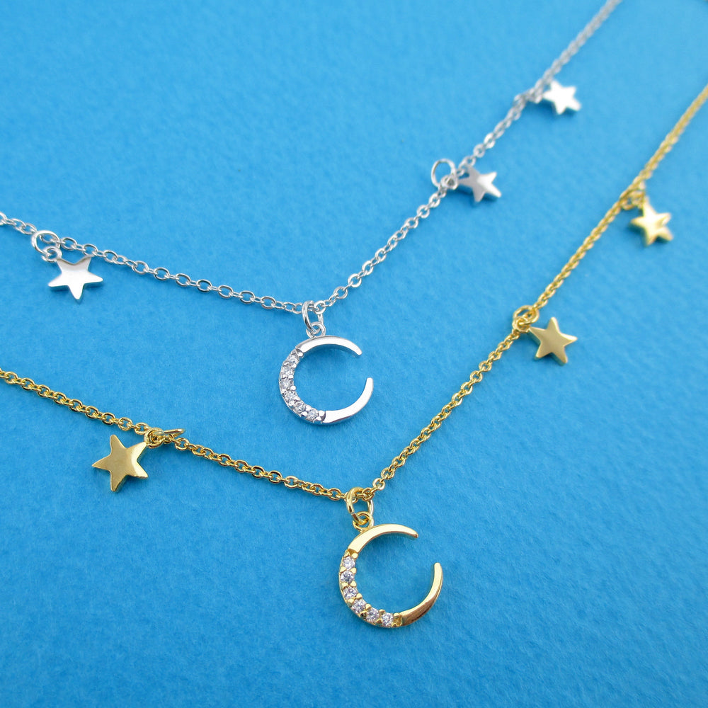 Minimal Rhinestone Crescent Moon & Tiny Dangling Stars Shaped Necklace