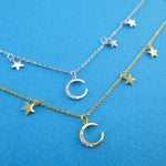 Minimal Rhinestone Crescent Moon & Tiny Dangling Stars Shaped Necklace