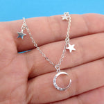 Minimal Rhinestone Crescent Moon & Tiny Dangling Stars Shaped Necklace in SIlver
