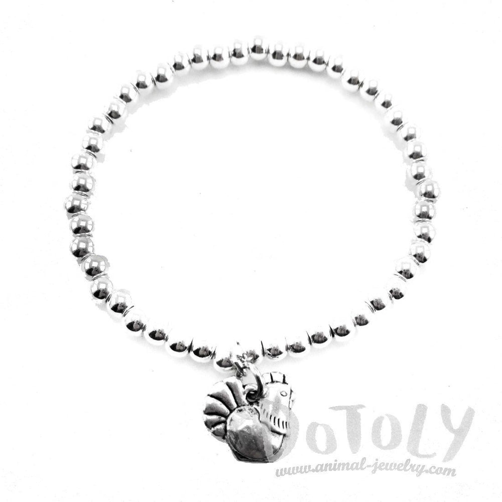 Minimal Silver Beaded Stretchy Bracelet with Chicken Rooster Charm | DOTOLY