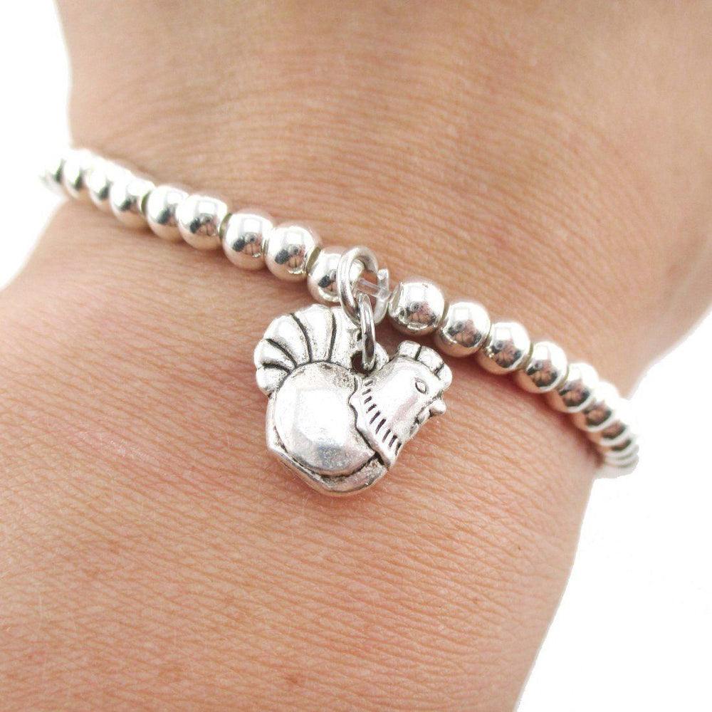 Minimal Silver Beaded Stretchy Bracelet with Chicken Rooster Charm | DOTOLY