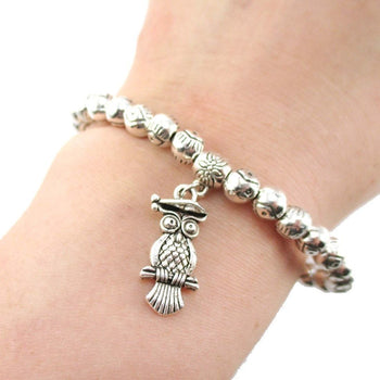 Minimal Silver Evil Eye Beaded Stretchy Bracelet with Owl Charm | DOTOLY | DOTOLY