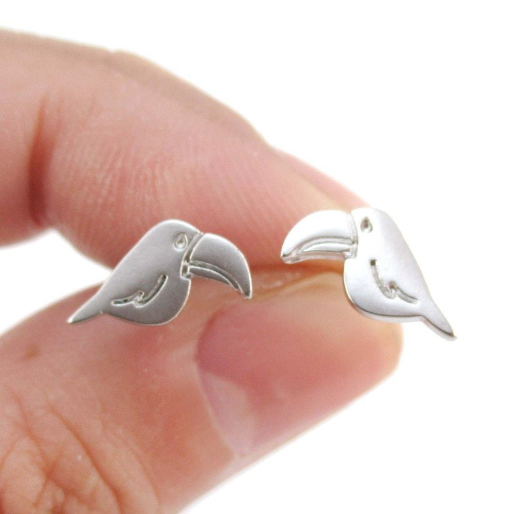 Minimal Small Toucan Macaw Parrot Bird Shaped Stud Earrings in Silver | Allergy Free | DOTOLY