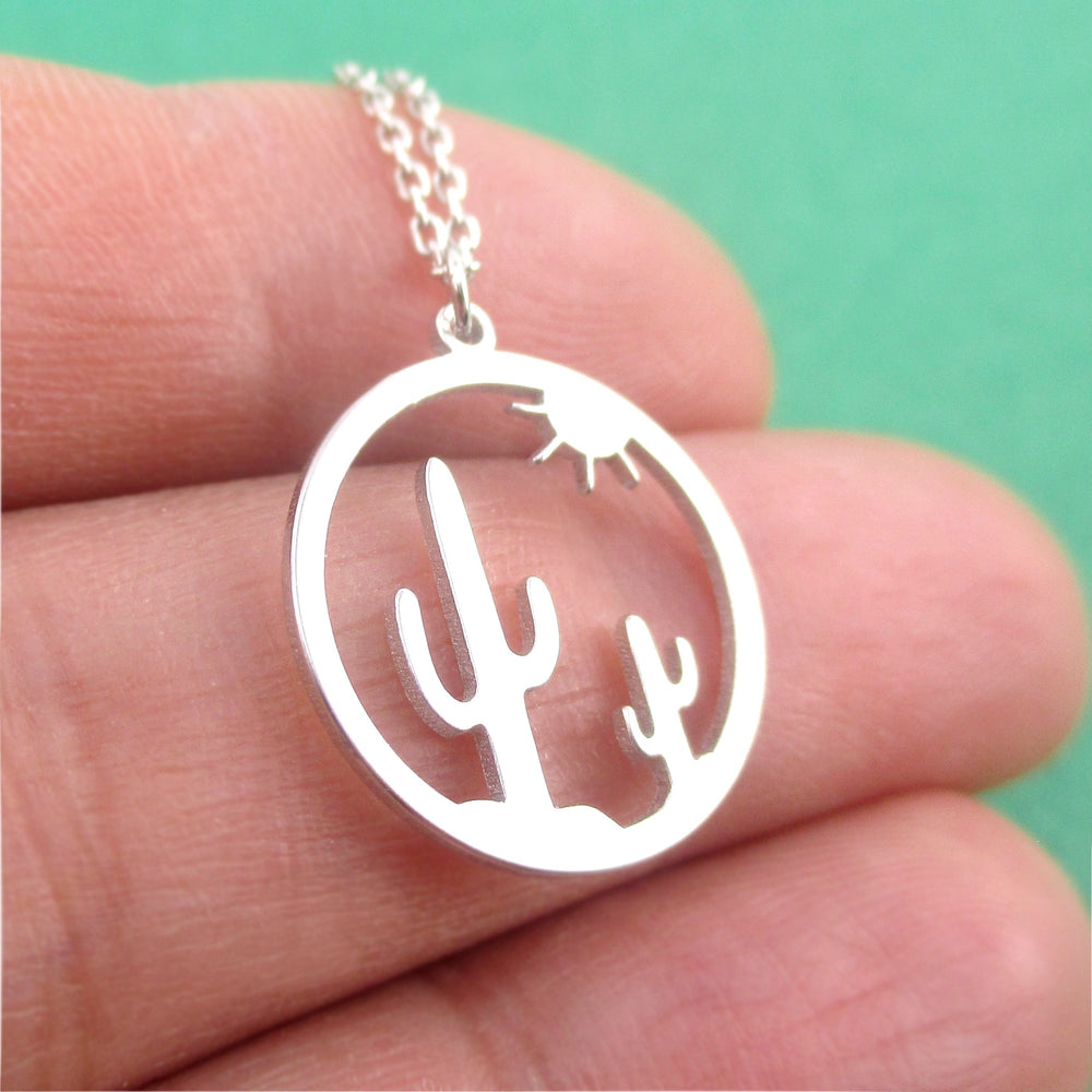 Minimal Sunset On The Desert Cactus Silhouette Dye Cut Pendant Necklace