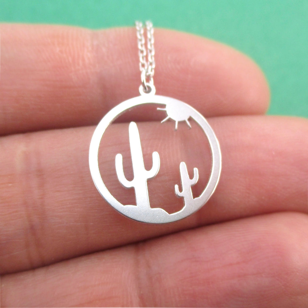 Minimal Sunset On The Desert Cactus Silhouette Dye Cut Pendant Necklace