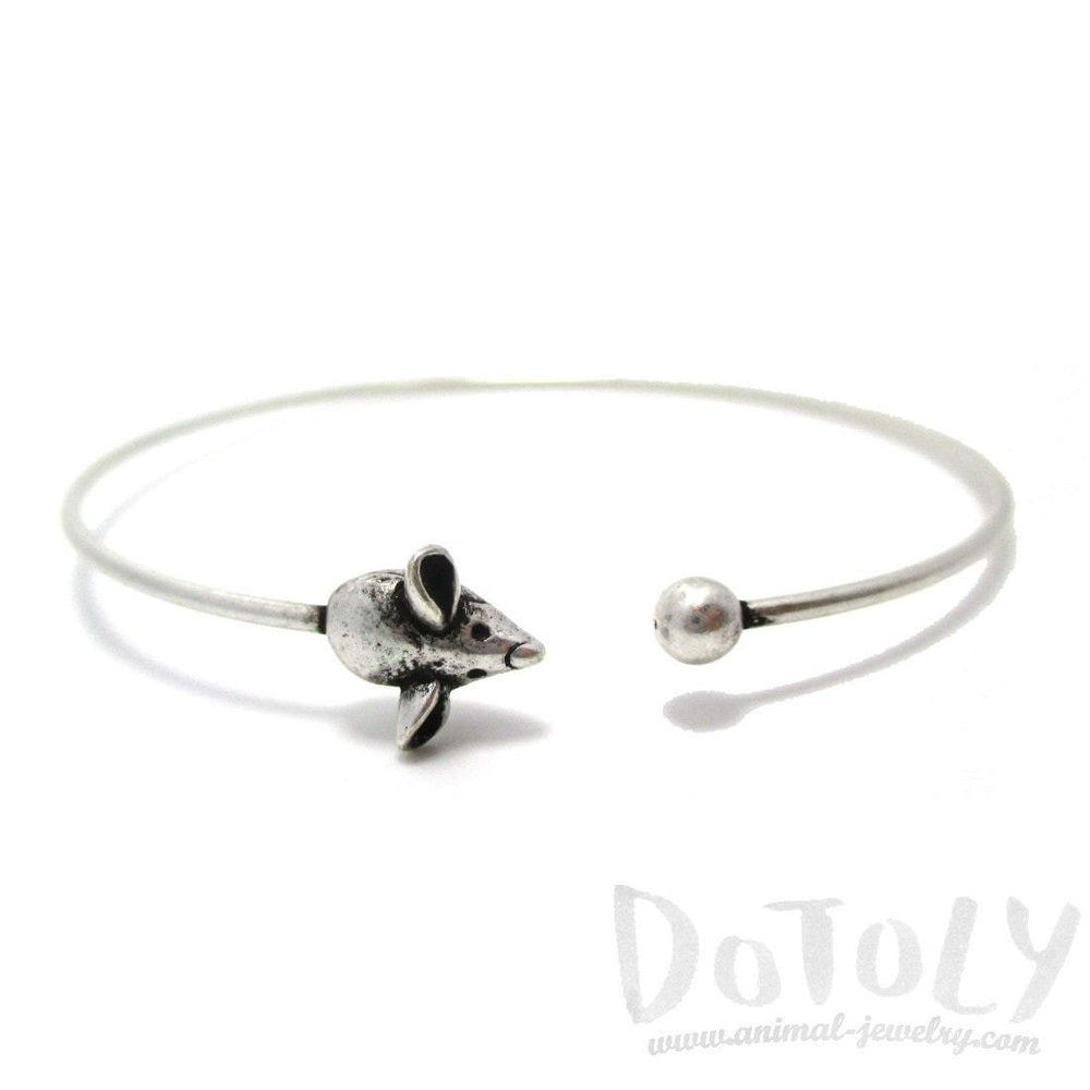 Minimal Tiny Mouse Charm Bangle Bracelet Cuff in Silver | Animal Jewelry | DOTOLY