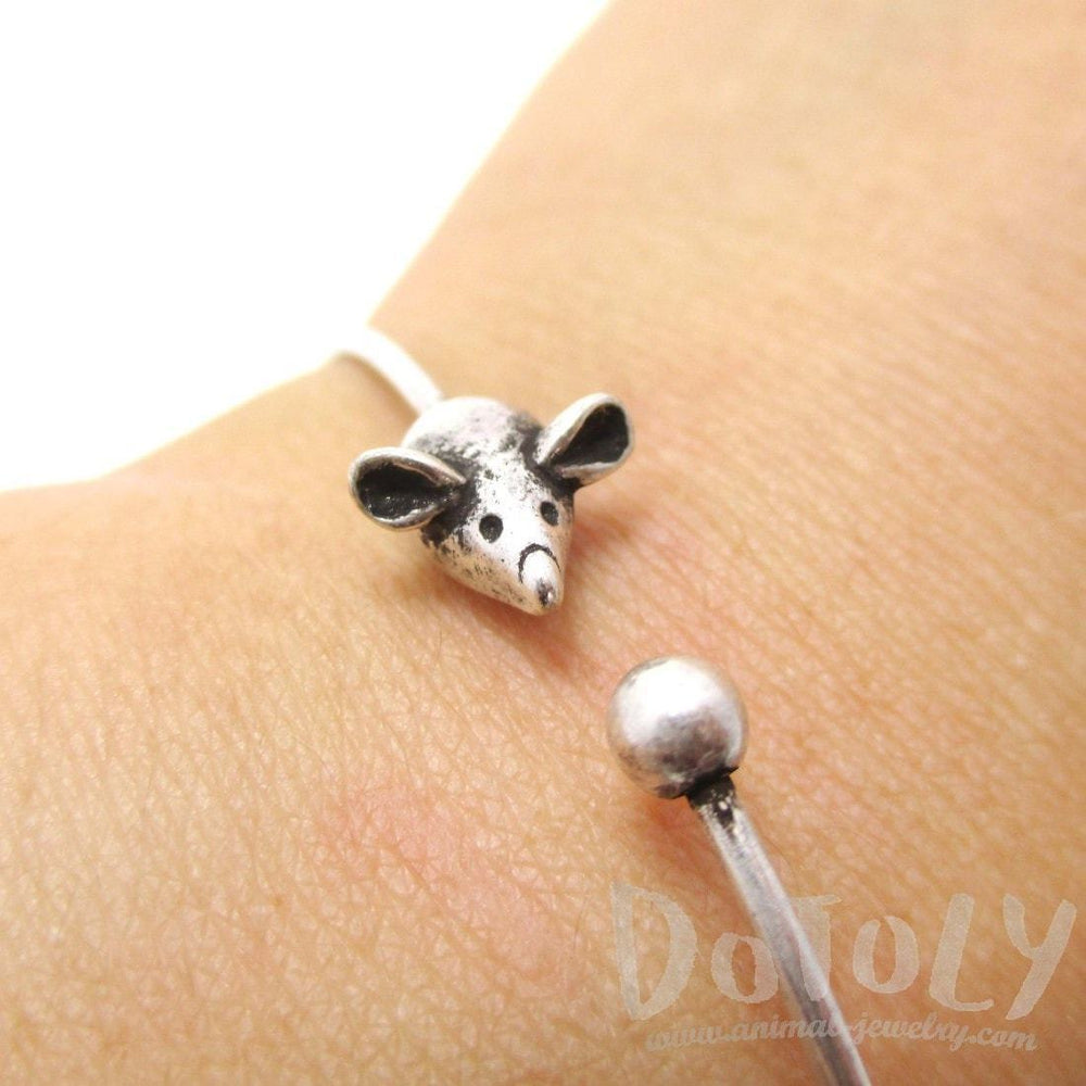 Minimal Tiny Mouse Charm Bangle Bracelet Cuff in Silver | Animal Jewelry | DOTOLY