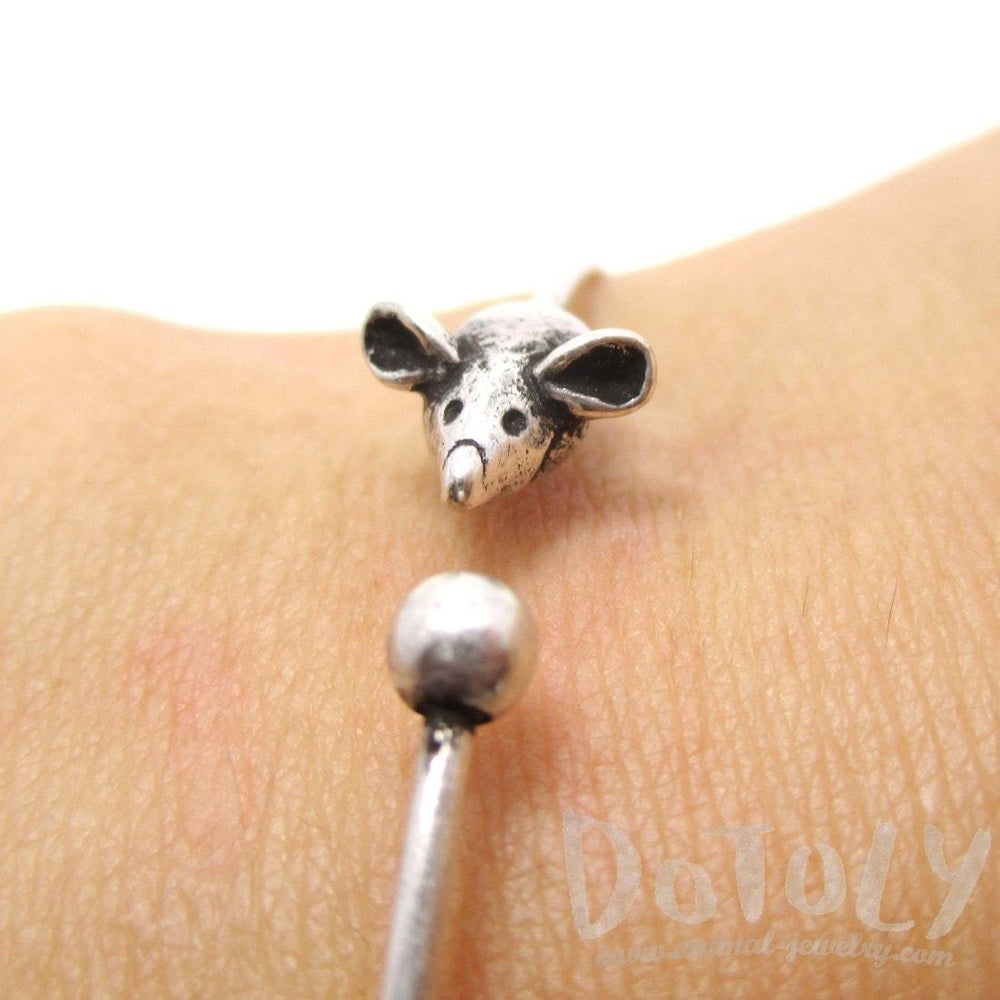 Minimal Tiny Mouse Charm Bangle Bracelet Cuff in Silver | Animal Jewelry | DOTOLY