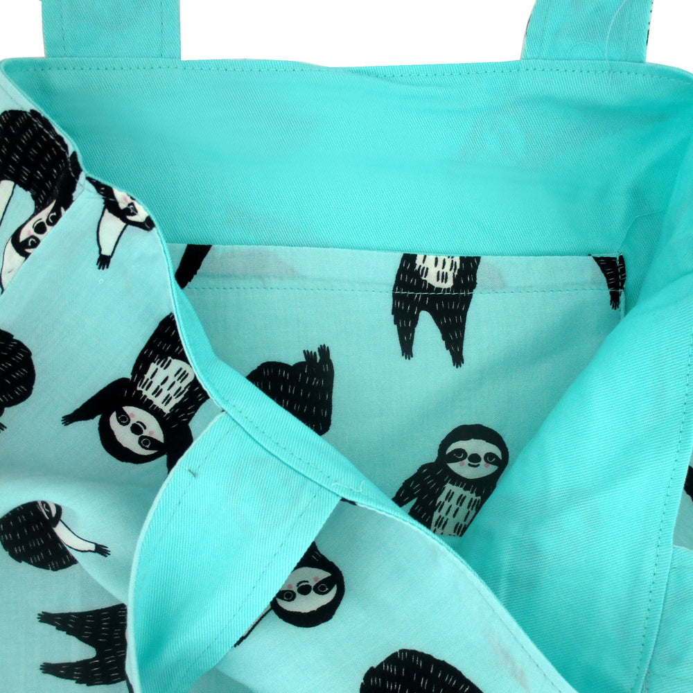 Mint Blue Sloth All Over Print Cotton Canvas Reversible Tote Bags for Women