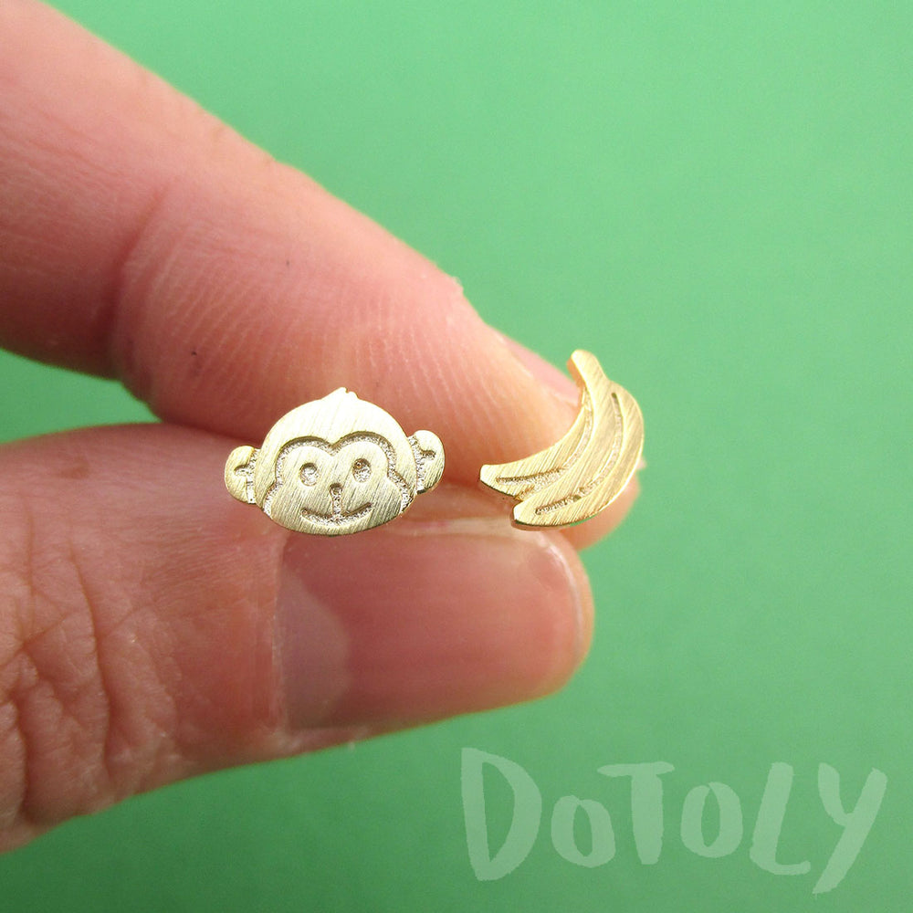 Monkey and Banana Shaped Allergy Free Stud Earrings in Gold | DOTOLY