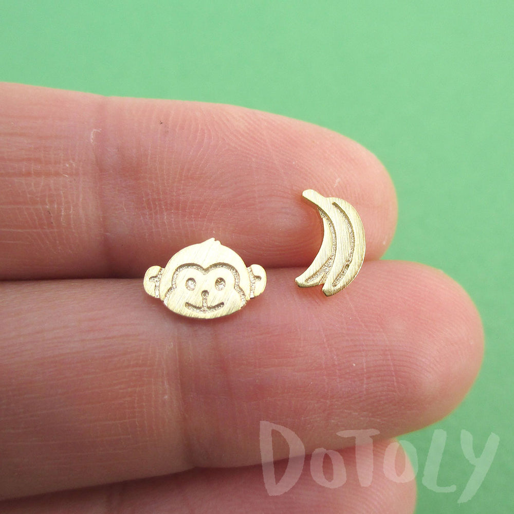 Monkey and Banana Shaped Allergy Free Stud Earrings in Gold | DOTOLY