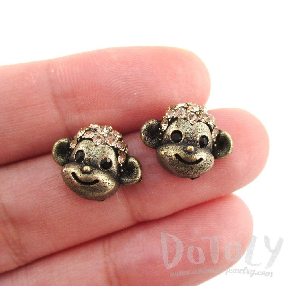 Monkey Face Shaped Rhinestone Stud Earrings in Brass | DOTOLY | DOTOLY