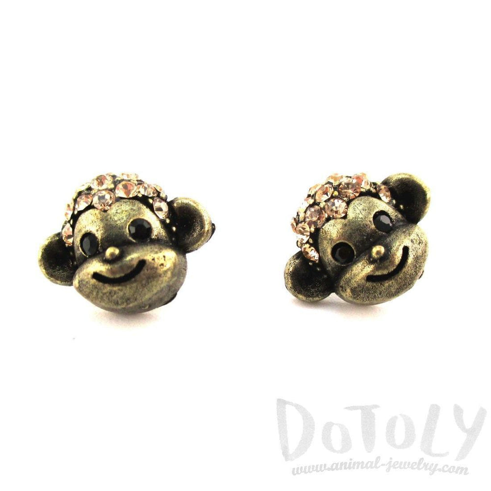 Monkey Face Shaped Rhinestone Stud Earrings in Brass | DOTOLY | DOTOLY