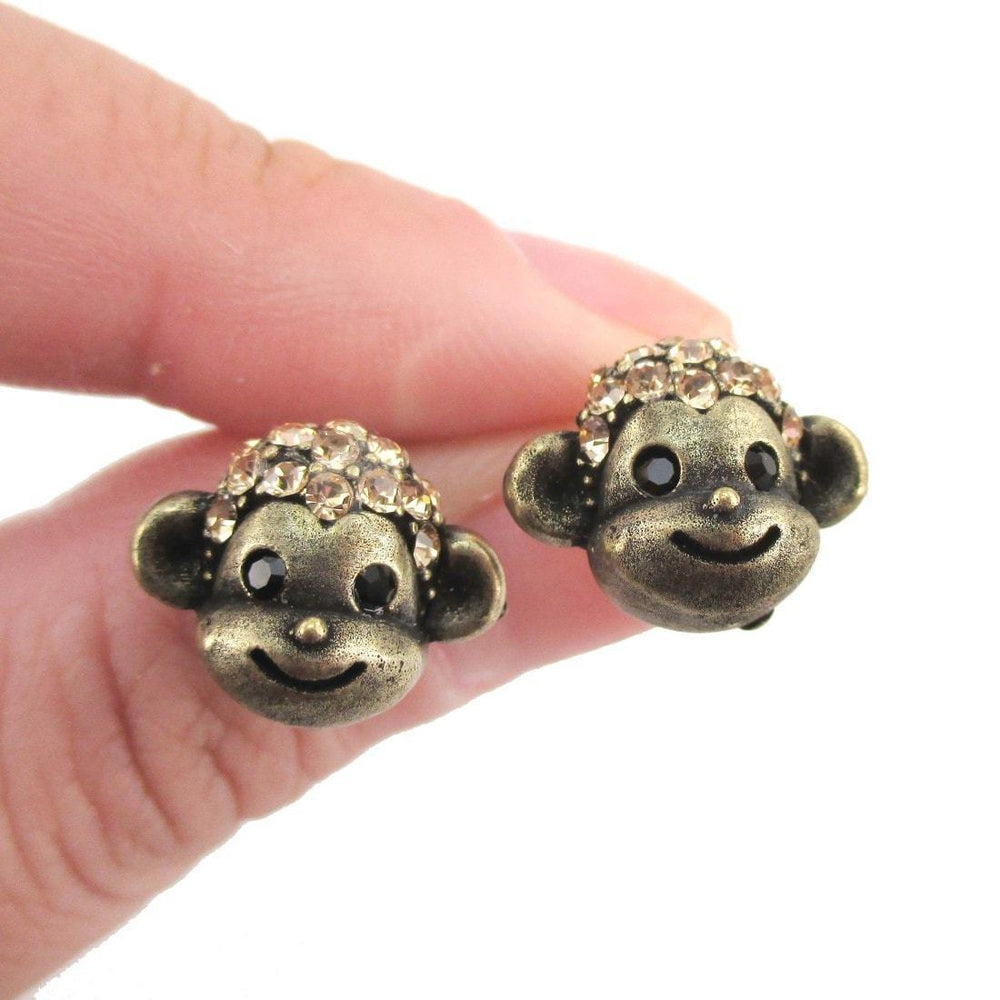 Monkey Face Shaped Rhinestone Stud Earrings in Brass | DOTOLY | DOTOLY