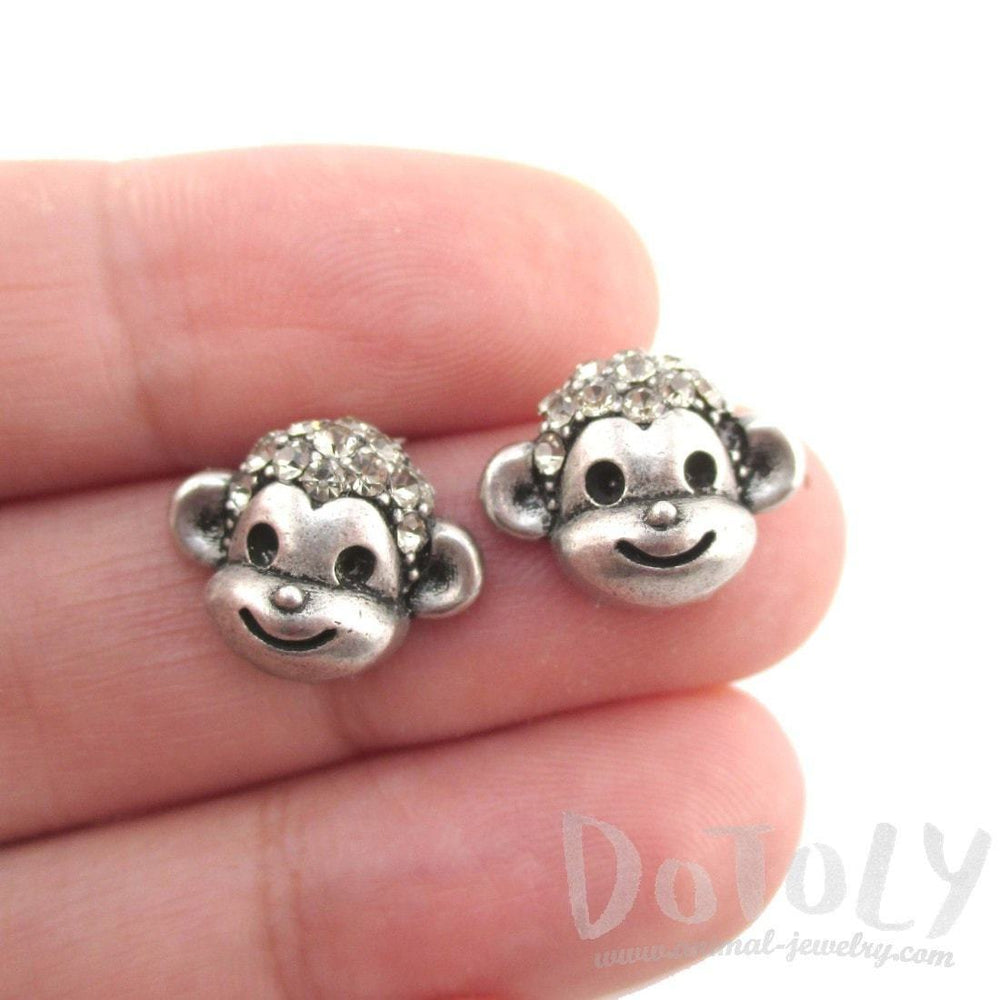 Monkey Face Shaped Rhinestone Stud Earrings in Silver | DOTOLY | DOTOLY