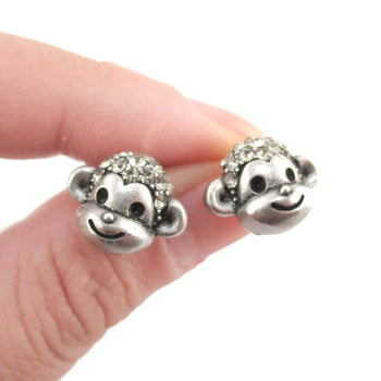 Monkey Face Shaped Rhinestone Stud Earrings in Silver | DOTOLY | DOTOLY