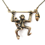 Mother and Baby Chimpanzee Monkey Swinging Shaped Animal Pendant Necklace in Bronze | DOTOLY