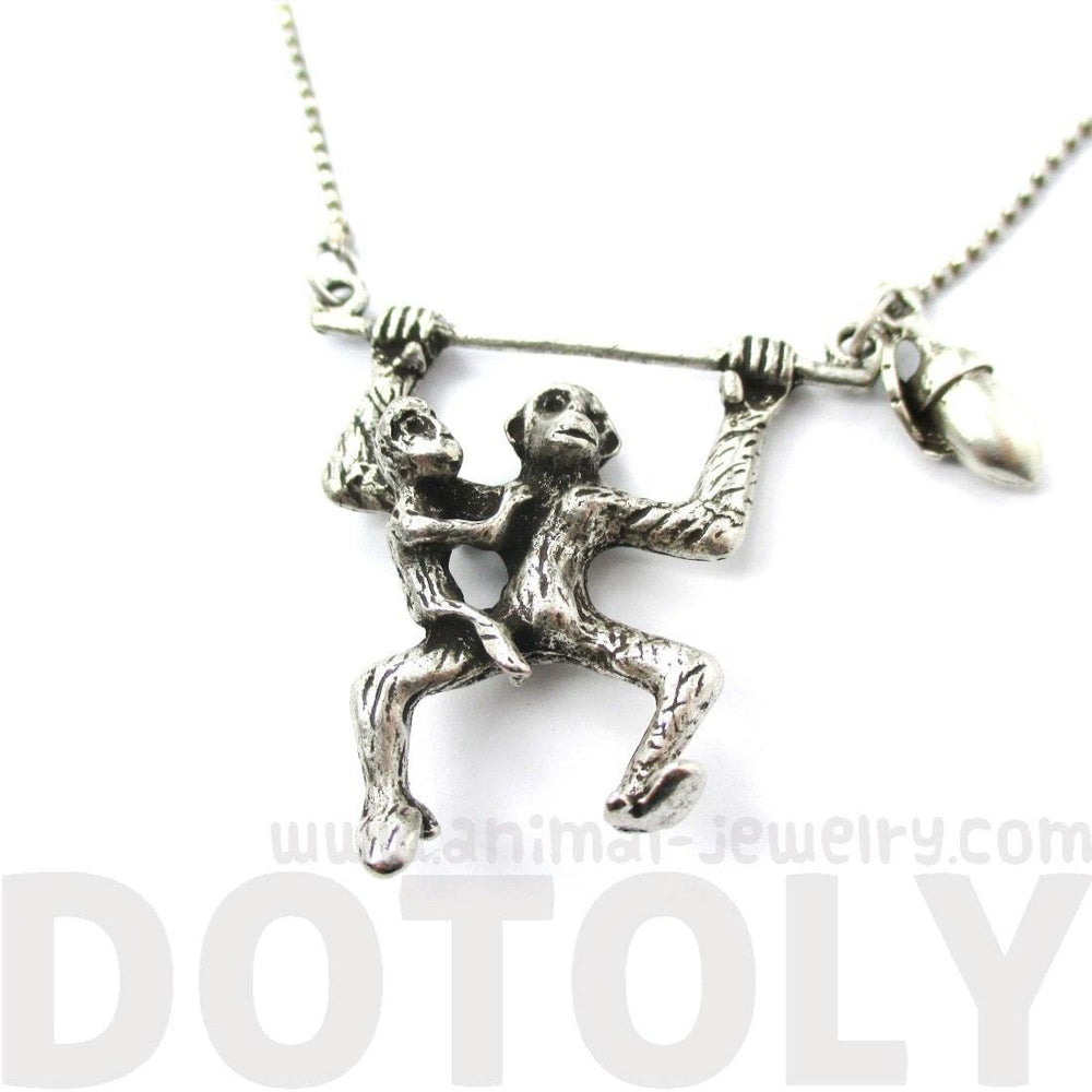 Mother and Baby Chimpanzee Monkey Swinging Shaped Animal Pendant Necklace in Silver | DOTOLY