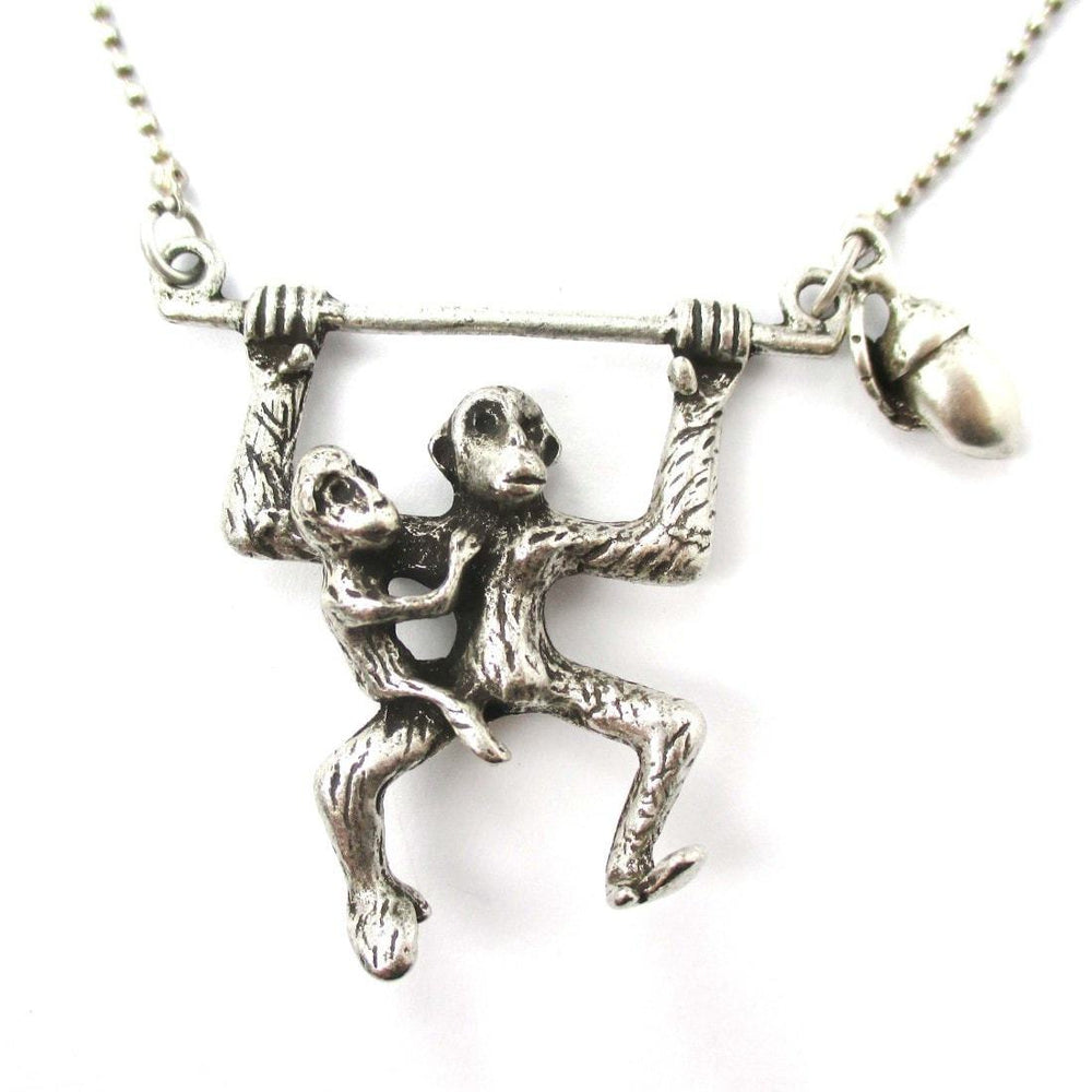 Mother and Baby Chimpanzee Monkey Swinging Shaped Animal Pendant Necklace in Silver | DOTOLY