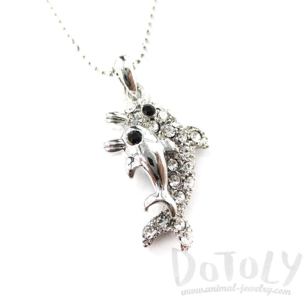 Mother and Baby Dolphin Shaped Rhinestone Pendant Necklace in Silver | DOTOLY