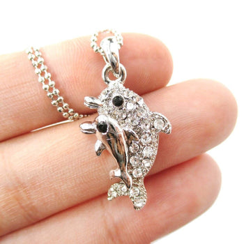 Mother and Baby Dolphin Shaped Rhinestone Pendant Necklace in Silver | DOTOLY