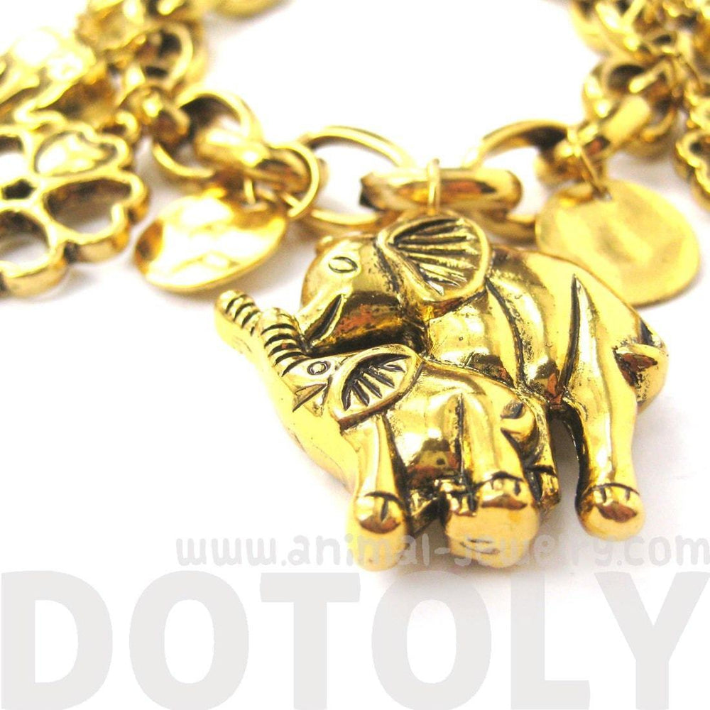 Mother and Baby Elephant Shaped Floral Charm Bracelet in Gold | DOTOLY