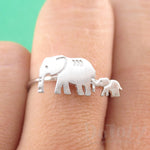Mother and Baby Elephant Silhouette Shaped Adjustable Ring in Silver