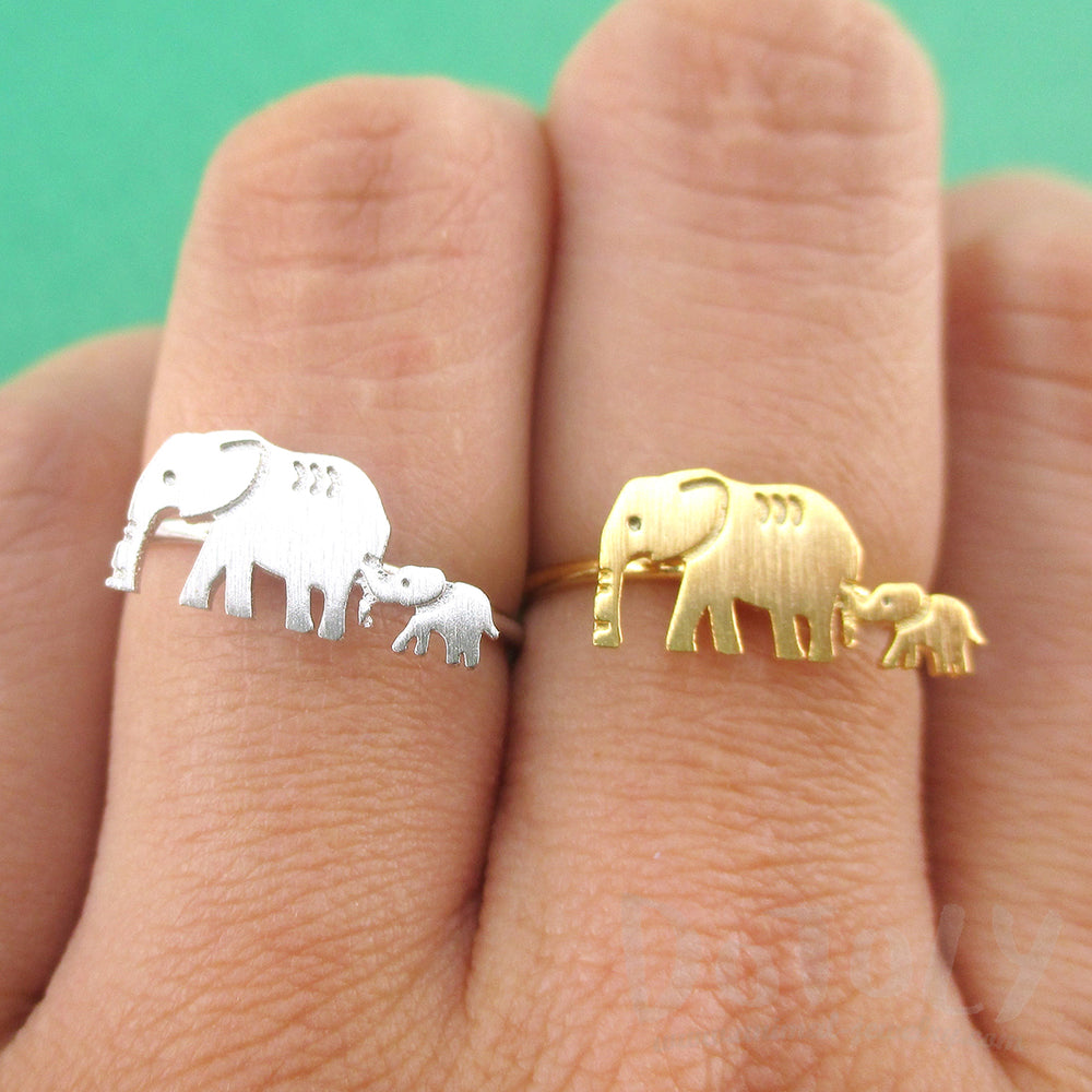 Mother and Baby Elephant Silhouette Shaped Adjustable Ring | DOTOLY