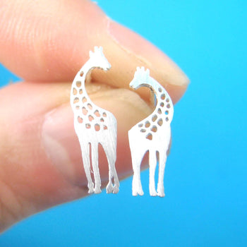 Mother and Baby Giraffe Silhouette Shaped Stud Earrings in Silver | Allergy Free | DOTOLY