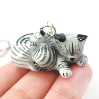 Mother and Baby Kitty Cat Porcelain Ceramic Animal Pendant Necklace | Handmade | DOTOLY