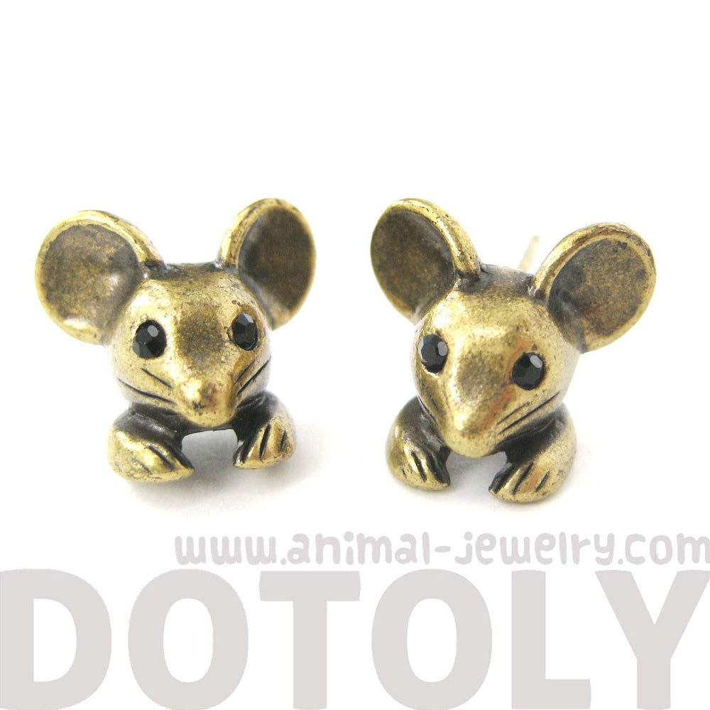 Mouse Mice Realistic Animal Stud Earrings in Brass | Animal Jewelry | DOTOLY