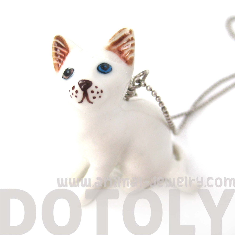 Multi Colored Odd Eyed White Kitty Cat Porcelain Ceramic Animal Pendant Necklace | Handmade | DOTOLY