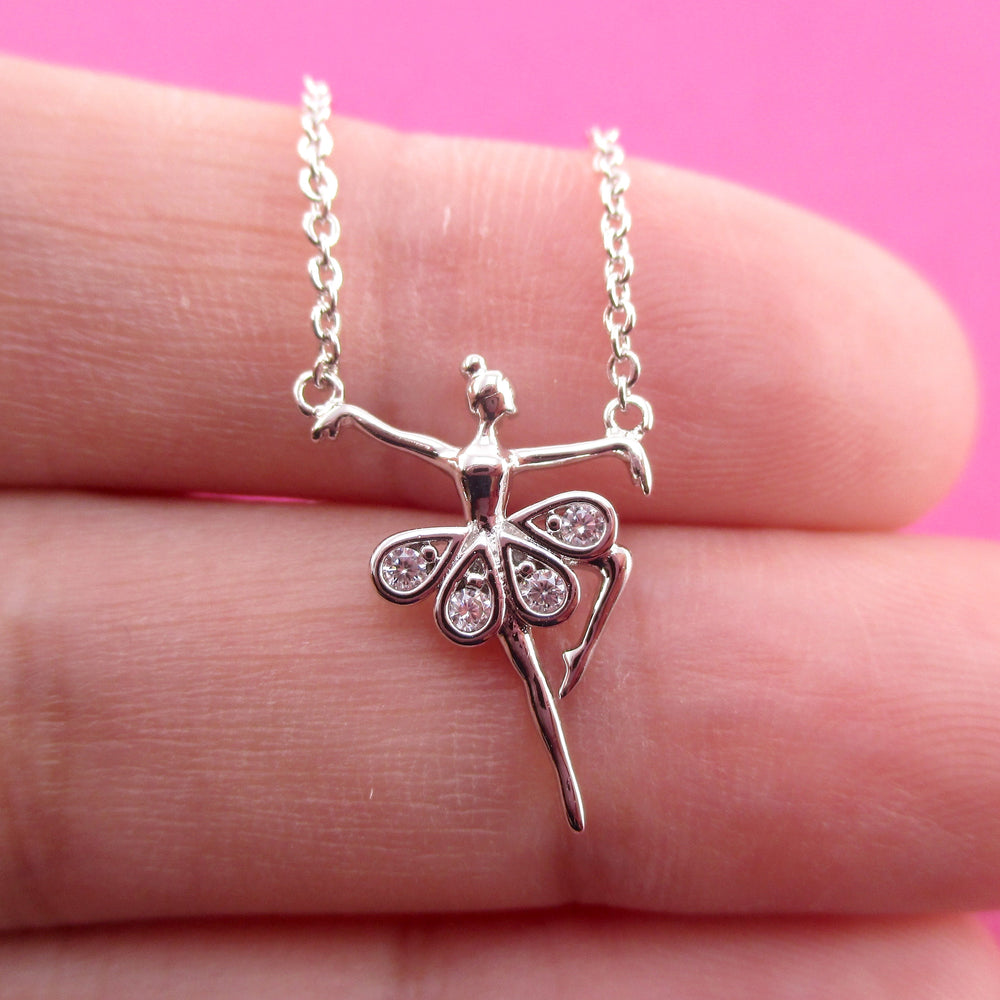 Musical Dancer Ballerina Girl Rhinestone Tutu Shaped Pendant Necklace in Silver