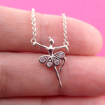 Musical Dancer Ballerina Girl Rhinestone Tutu Shaped Pendant Necklace in Silver