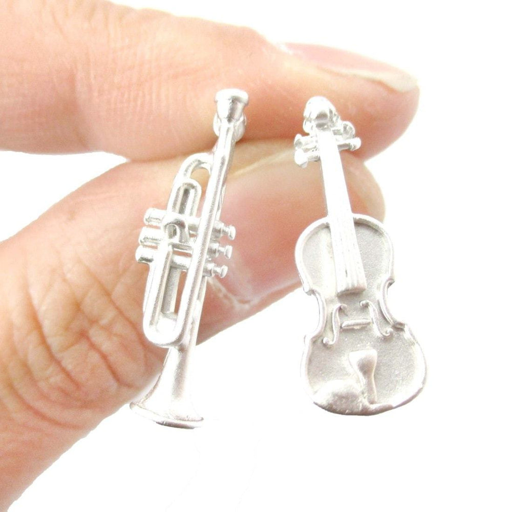 Musical Instrument Themed Violin and Trumpet Shaped Stud Earrings in Silver | DOTOLY