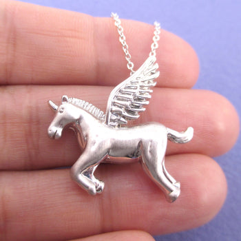Mythical Unicorn with Wings Pegasus Shaped Pendant Necklace in Silver or Gold