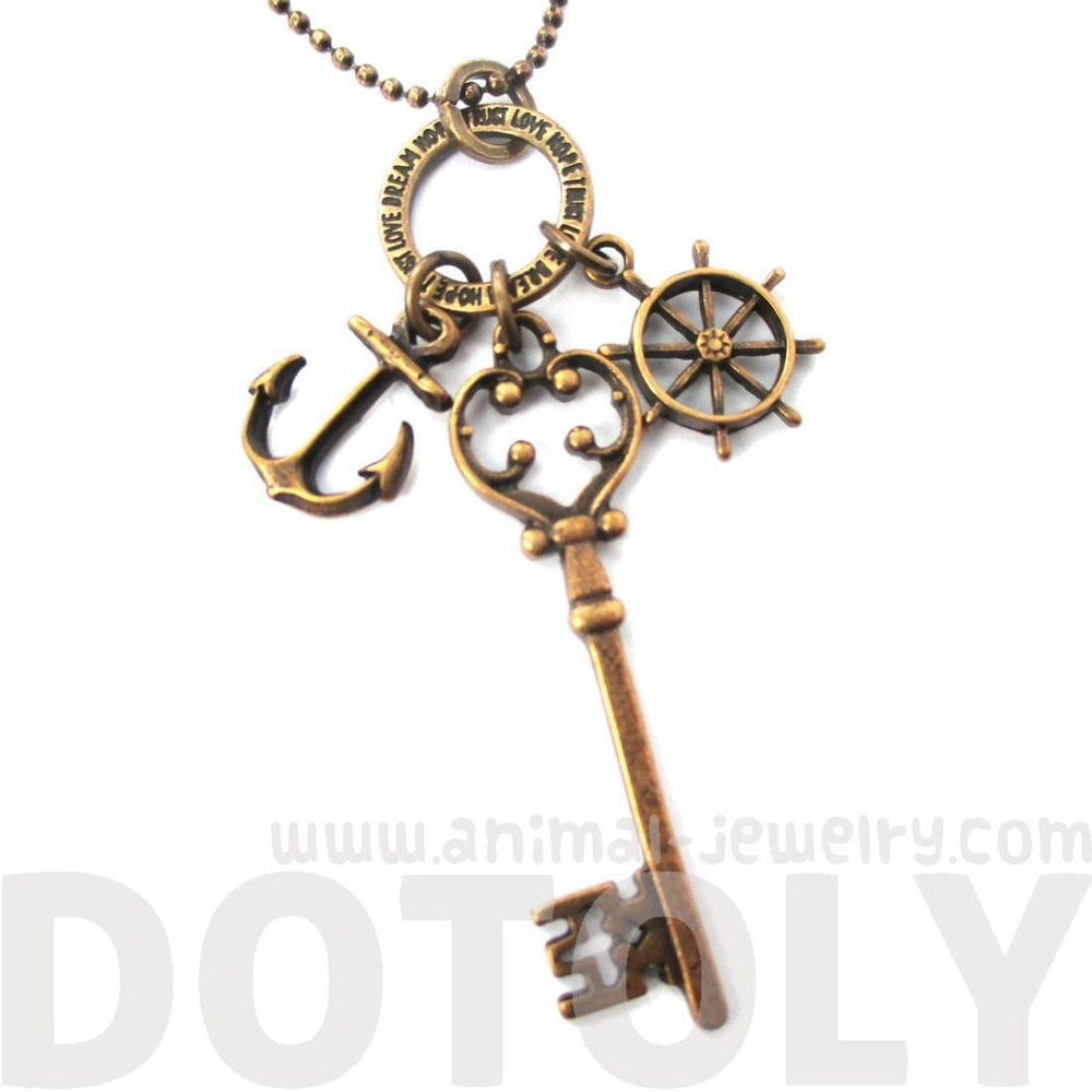 Nautical Themed Anchor Helm and Skeleton Key Charm Necklace in Brass | DOTOLY | DOTOLY