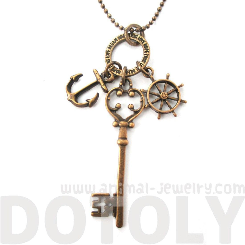 Nautical Themed Anchor Helm and Skeleton Key Charm Necklace in Brass | DOTOLY | DOTOLY