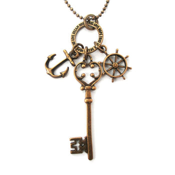 Nautical Themed Anchor Helm and Skeleton Key Charm Necklace in Brass | DOTOLY | DOTOLY