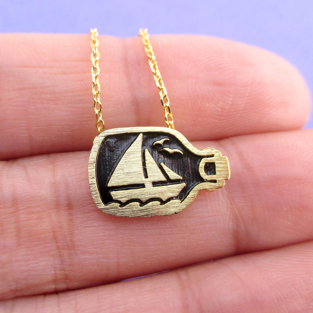 Nautical Themed Ship In A Bottle Shaped Pendant Necklace in Gold | DOTOLY