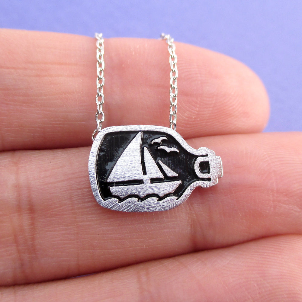 Nautical Themed Ship In A Bottle Shaped Pendant Necklace in Silver | DOTOLY