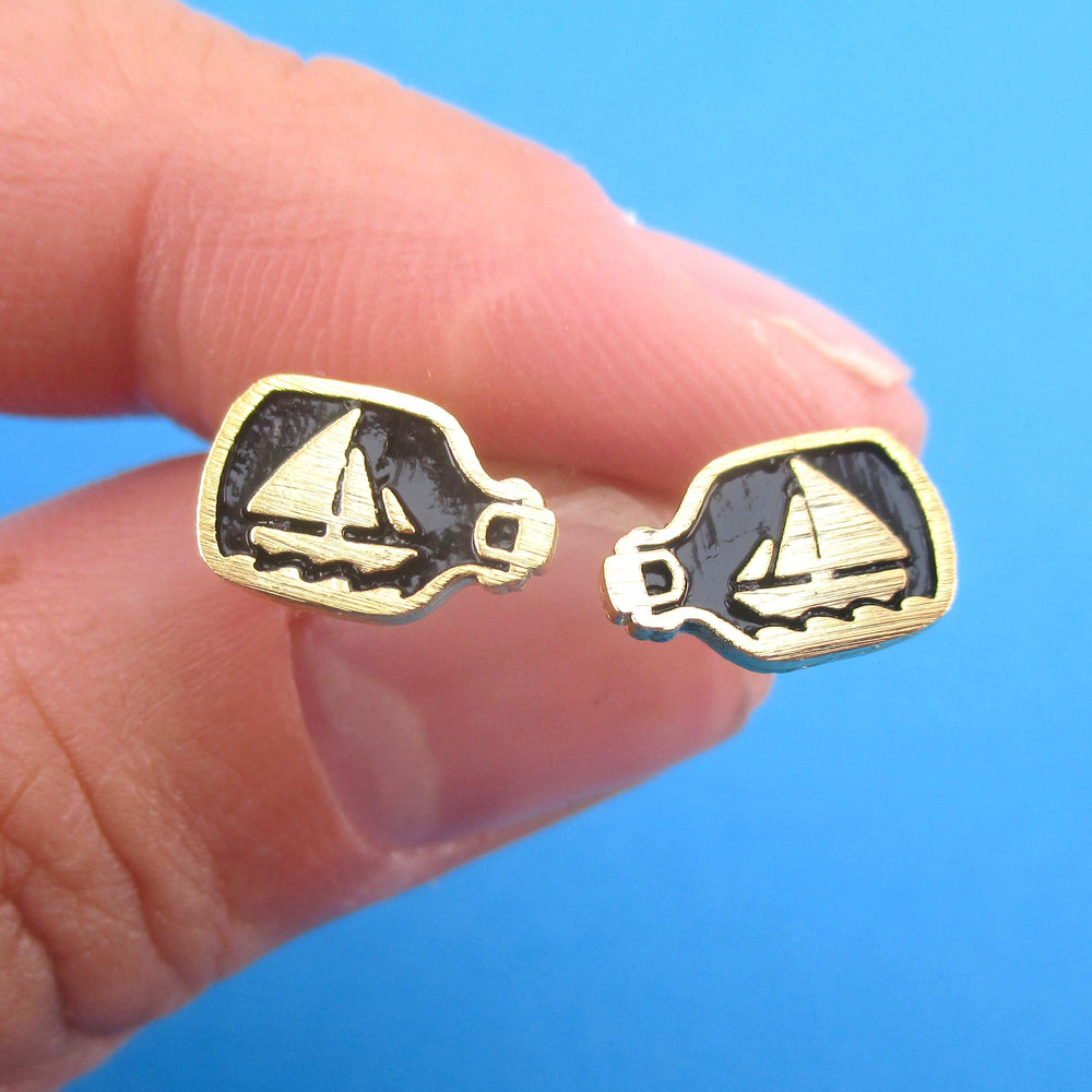 Nautical Themed Ship In A Bottle Shaped Stud Earrings in Gold or Silver