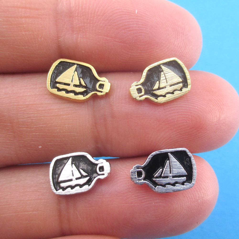 Nautical Themed Ship In A Bottle Shaped Stud Earrings in Gold or Silver
